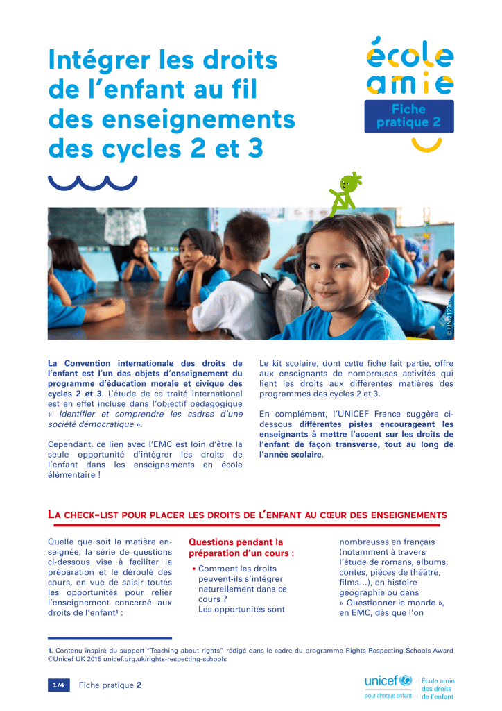 Fiche pratique n°1 : intégrer les droits de l'enfant au fil des enseignements des cycles 2 et 3. 